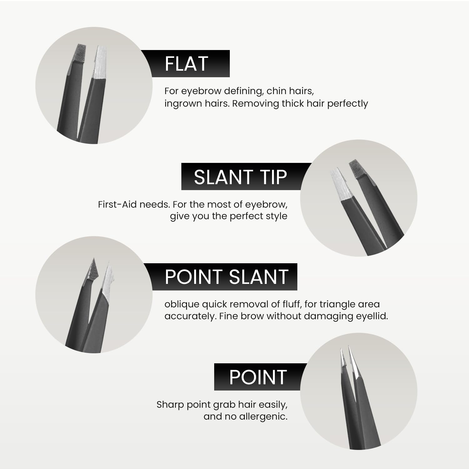 Cayman - Set di 4 pinzette da donna, professionali in acciaio inox giapponese, per viso, sopracciglia, per rimuovere schegge e peli incarniti, pinzette da uomo per la cura di precisione