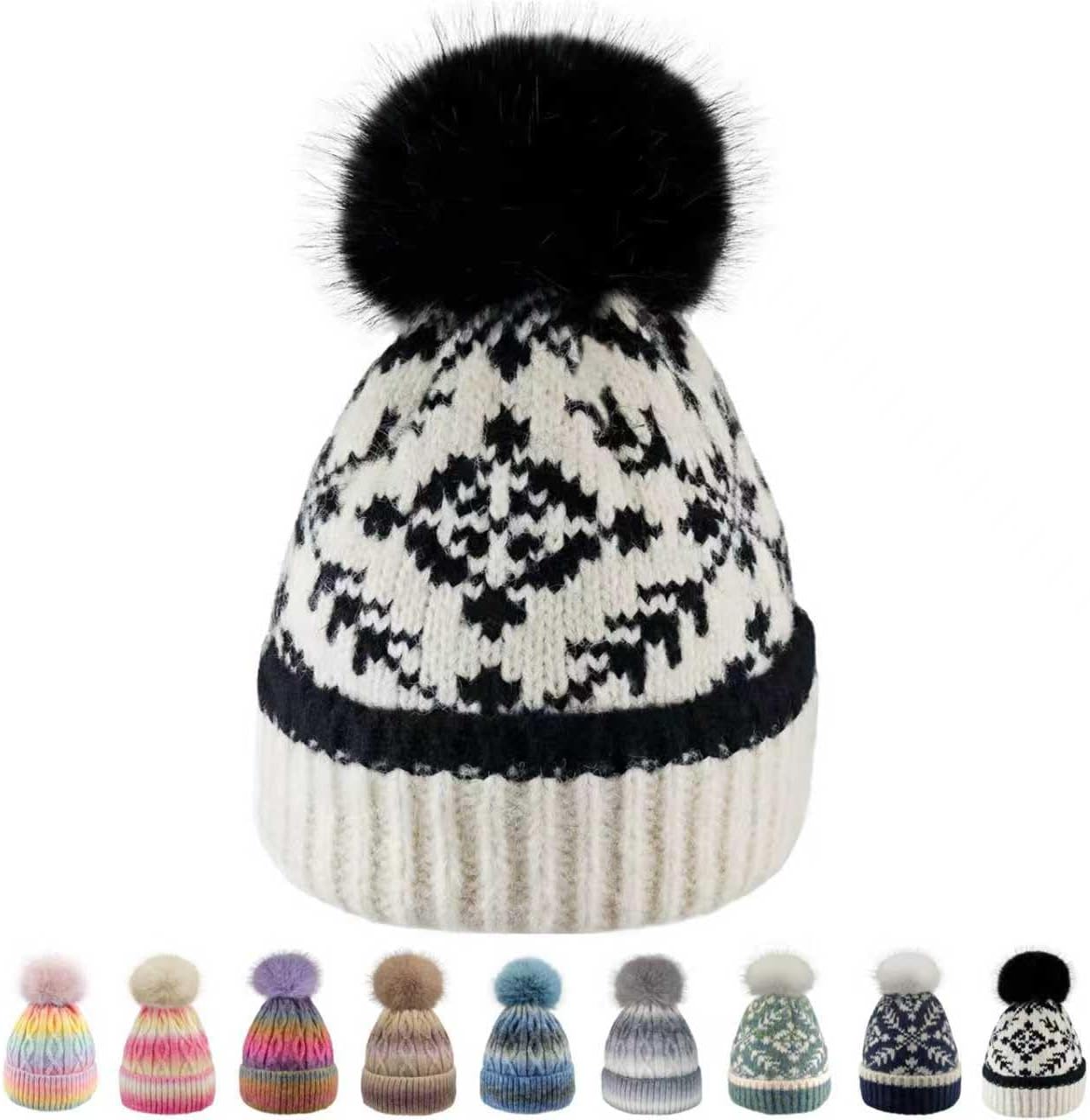 Women's Winter Beanie Hat -Cashmere Inner Layer Chunky Knit Pom-Pom Stocking Cap for Women Cold Weather