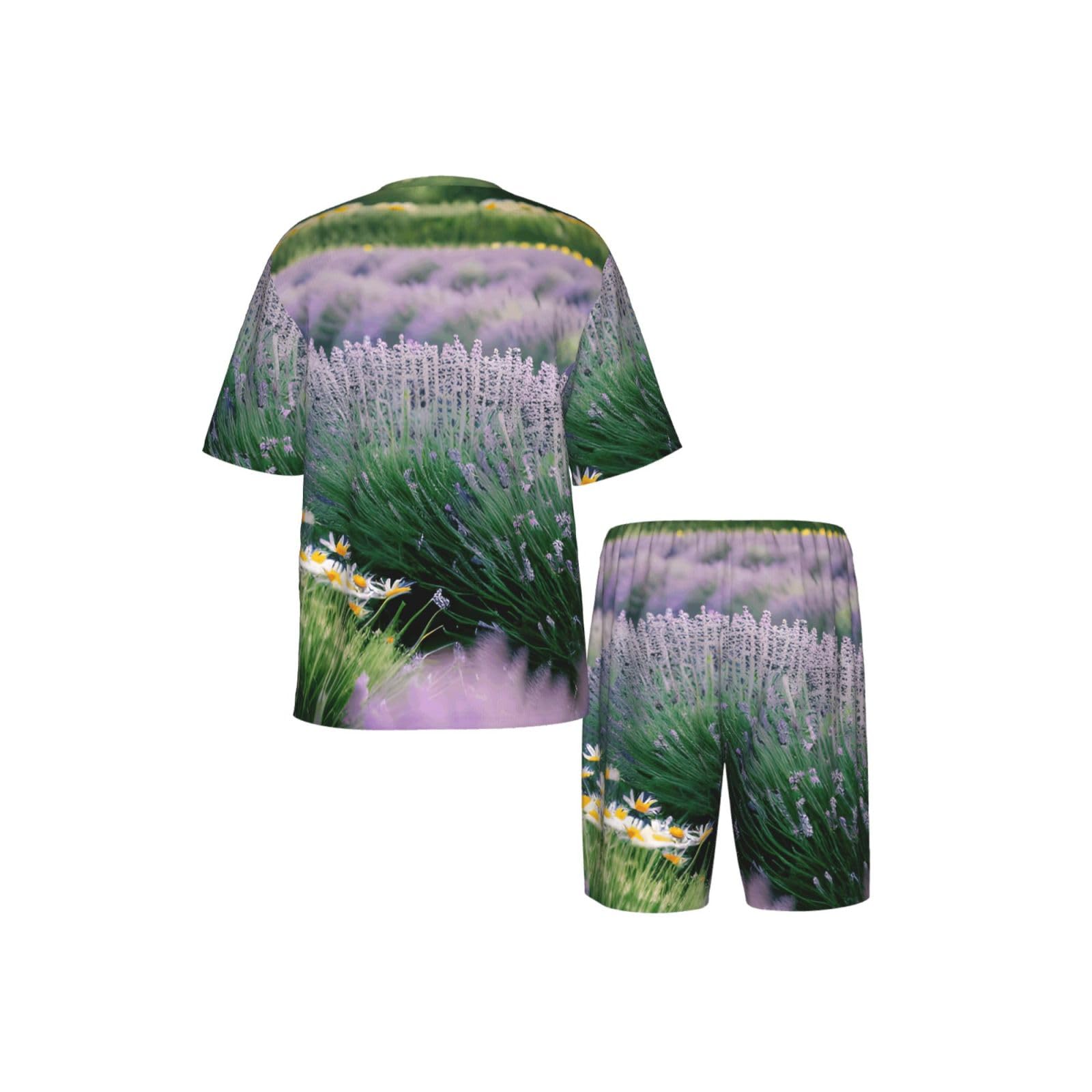 Lavanda E Daisy Stampa Uomo Manica Corta Pigiama Set Pigiameria Lounge Wear Soft Stretch Daily Nightwear