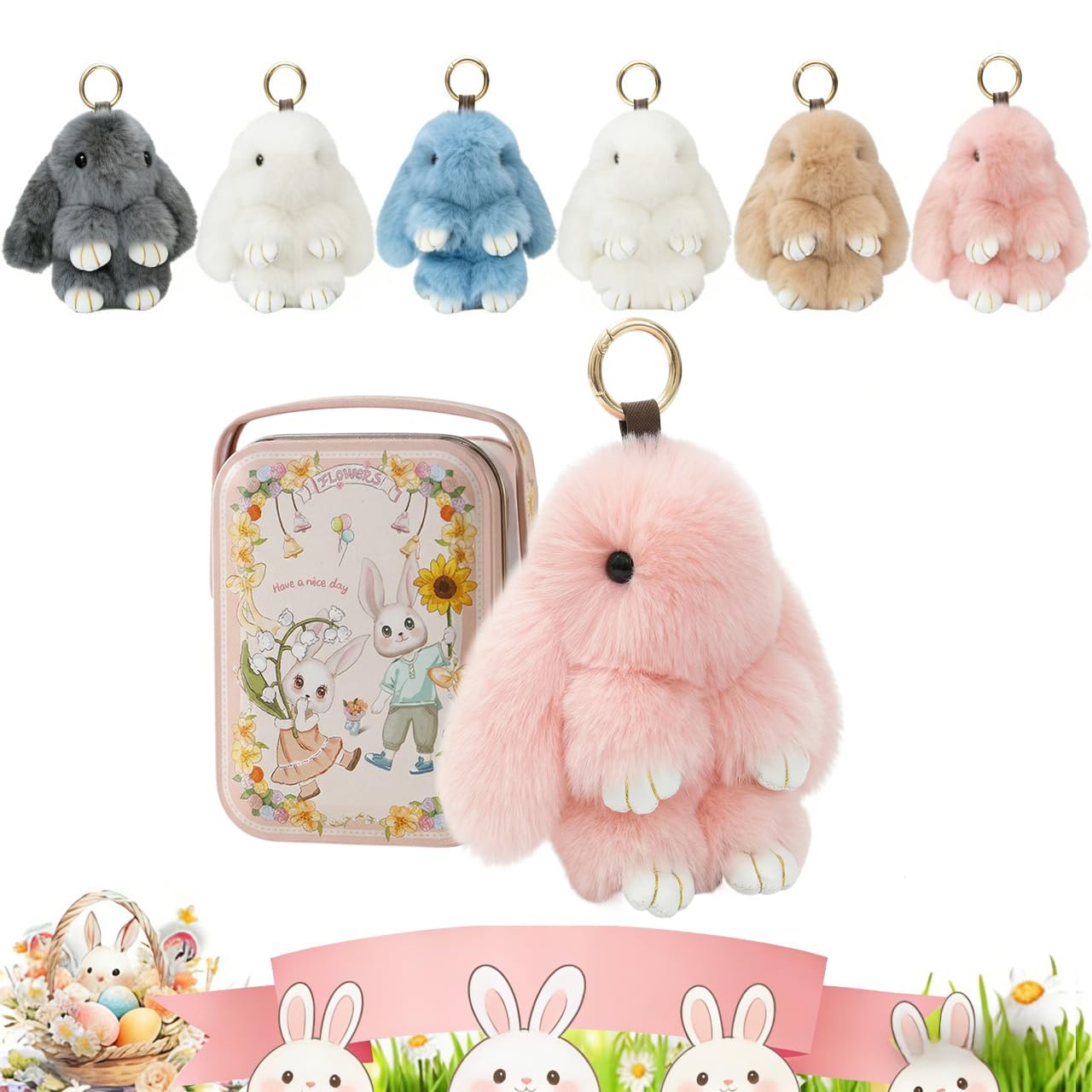 Bunny Keychain in Metal Tin Box, Fluffy Rabbit Plush Keyring with Soft Faux Fur, Cute Pom Pom Keychain for Women Girls, Bag Charm for Purse Backpack, Easter Gift Keyring Accessories (Pink)