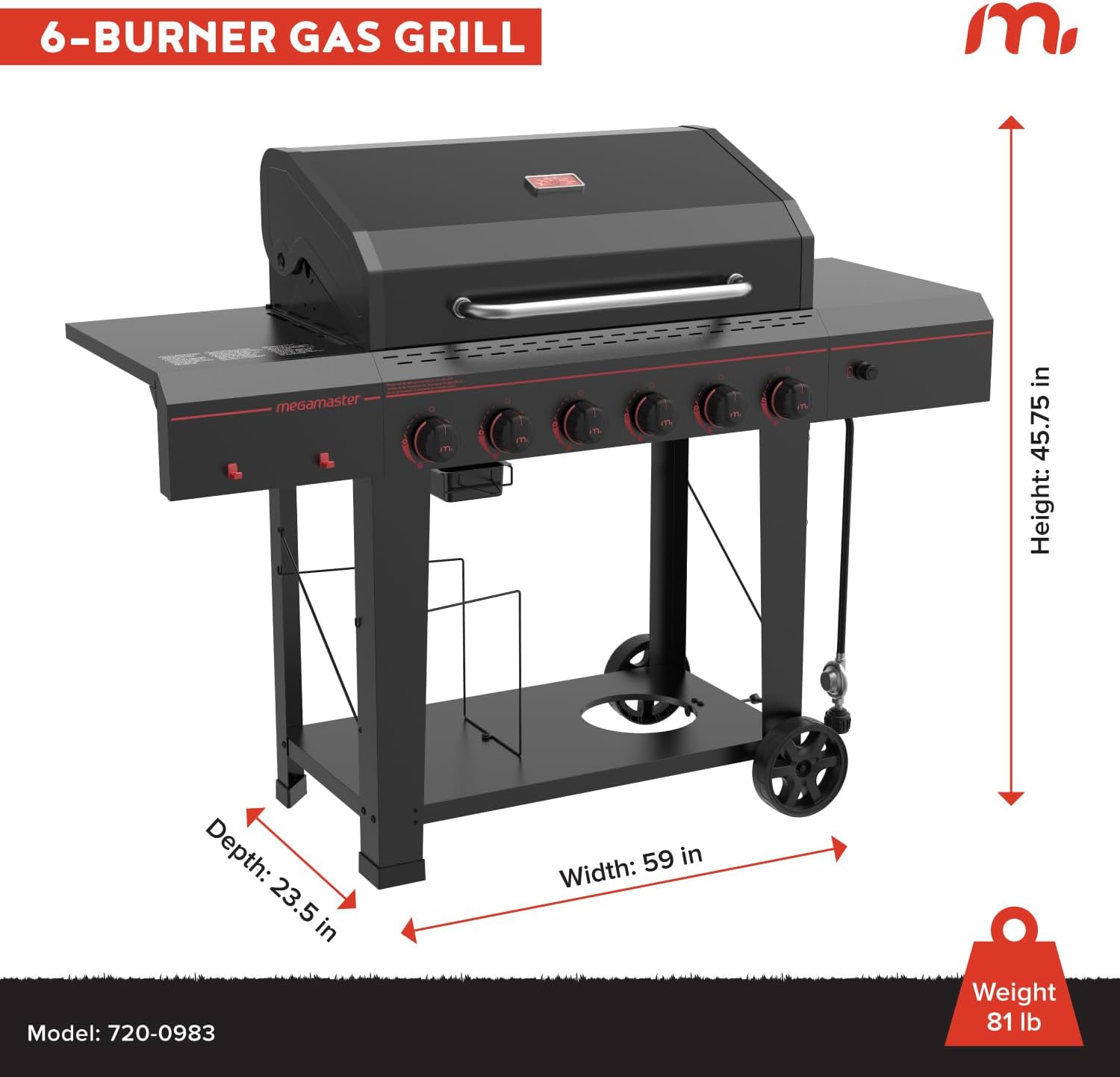 Megamaster 6-Burner Propane Barbecue Gas grill, Side Shelves With Hooks, for Camping, Outdoor Cooking, Patio, Garden Barbecue Grill, Open Cart With Side Tables, Black