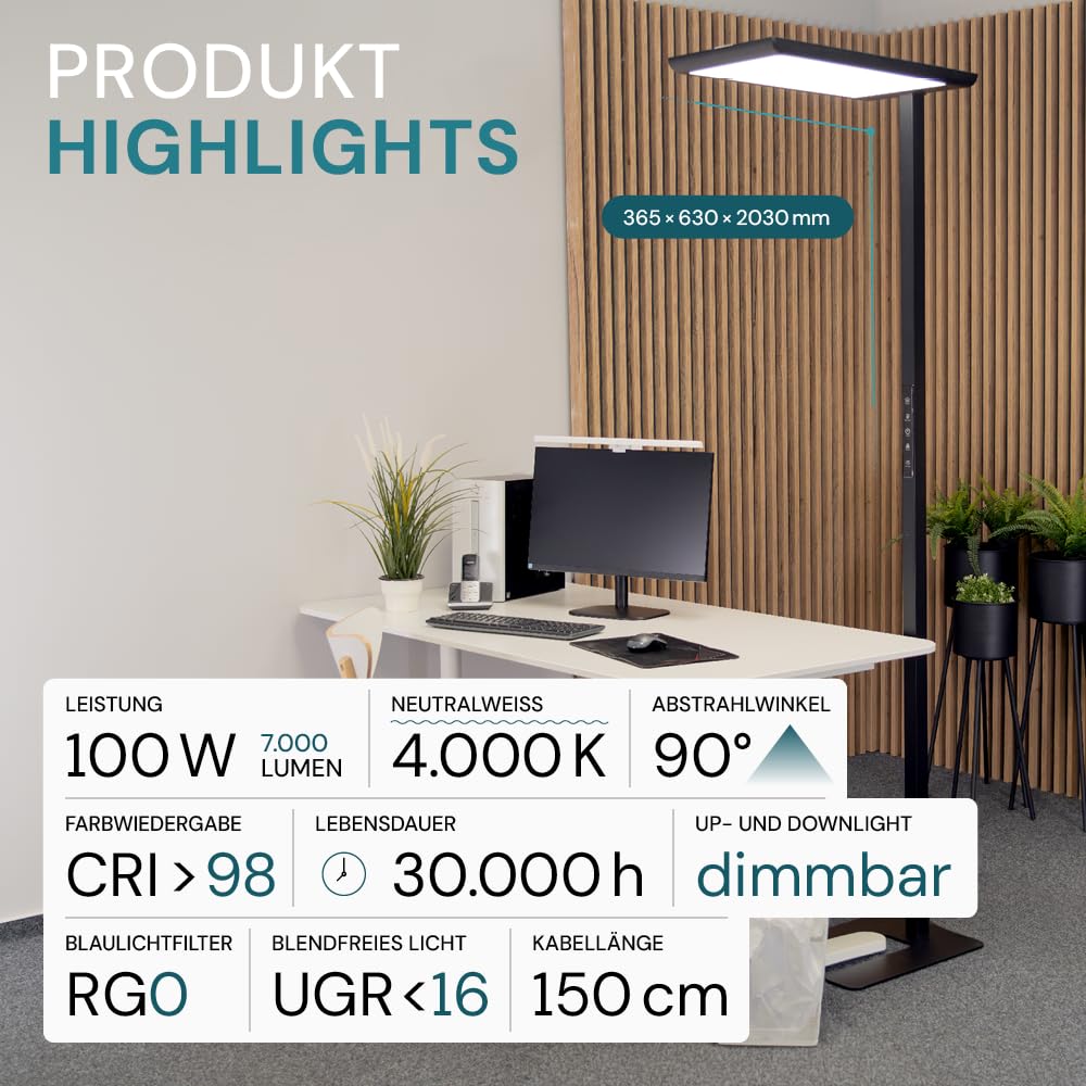LUXULA Büro Stehlampe LED dimmbar Vollspektrum 4000K Neutralweiß 2x 50W 7000lm schwarz