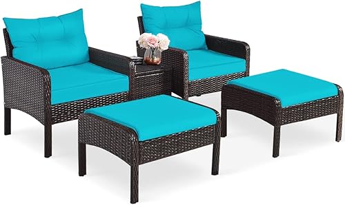 Miniatura 8 de Toolsempire Juego de muebles de patio de 5 piezas, sillas de mimbre de ratán para conversación al aire libre con 2 otomanas y mesa de centro de