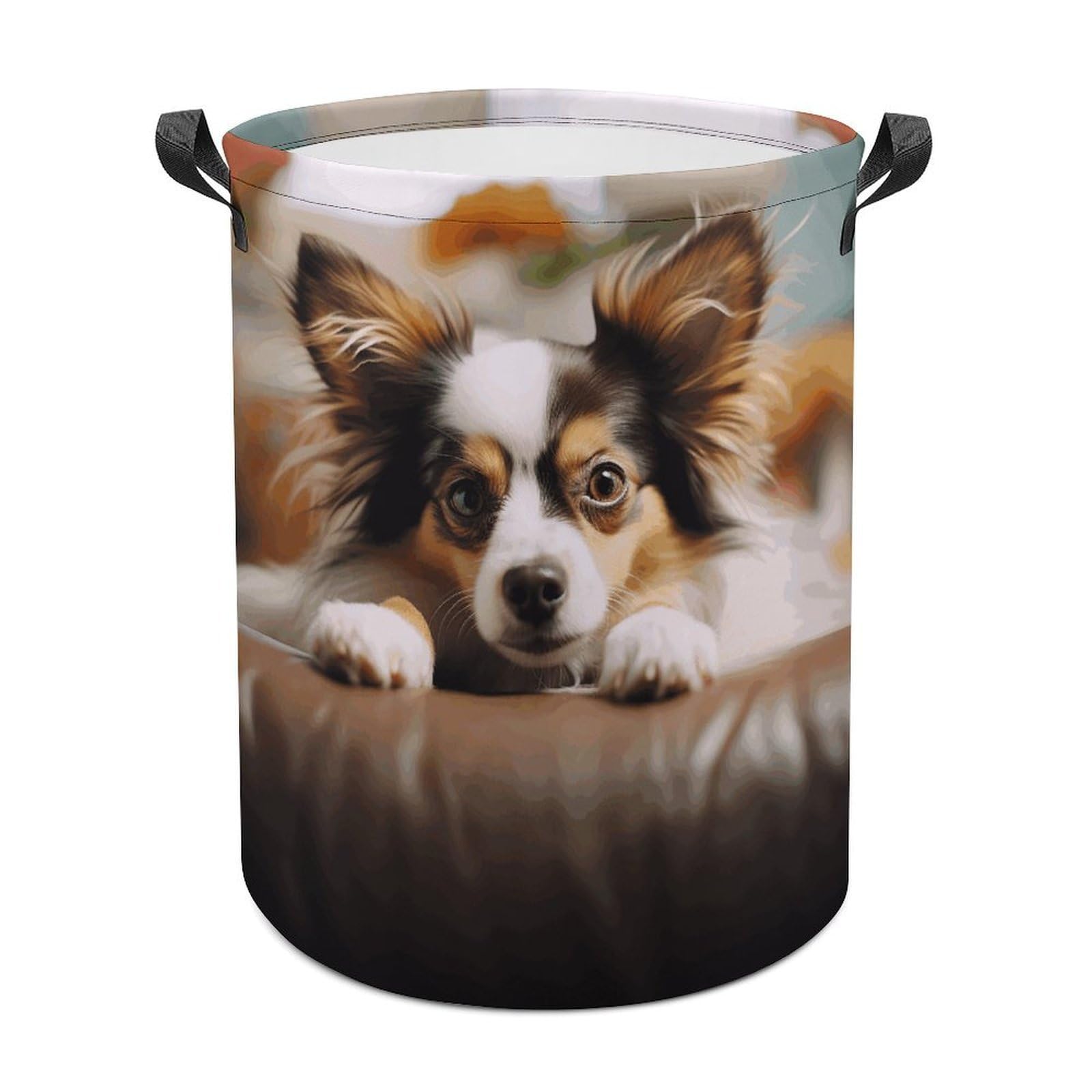 Papillon Lying on Tummy Laundry Basket Large Foldable Laundry Hamper Waterproof Clothes Hamper with Handles Durable Dirty Clothes Storage Bucket for Bedroom Bathroom Laundry Room