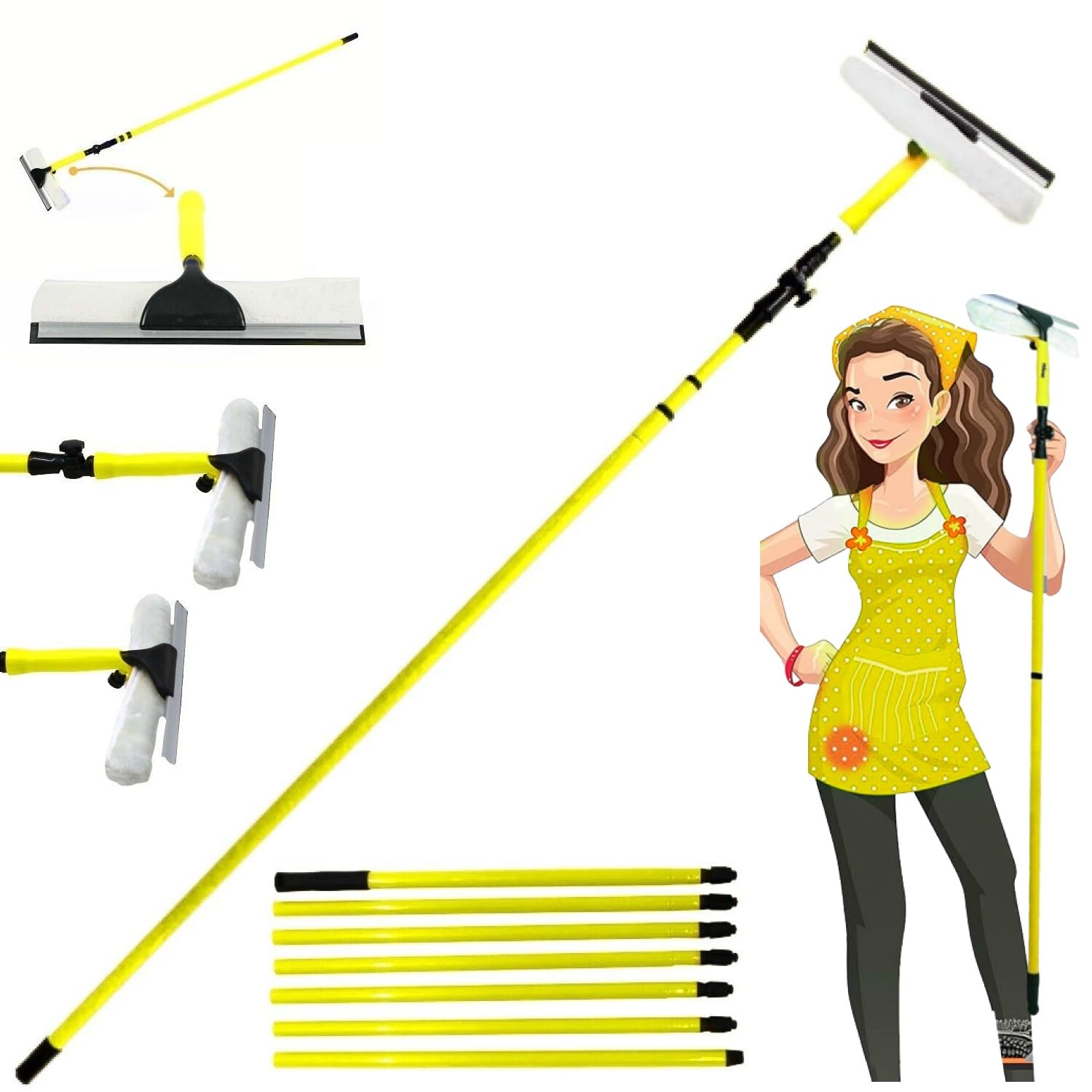 3.5M EXTENDING TELESCOPIC WINDOW SQUEEGE CLEANER EQUIPMENT KIT, SOFT HEAD CLEANING METAL POLE GLASS CLEANING RUBBER MOP ALUMINIUM FOR HIGH WINDOW