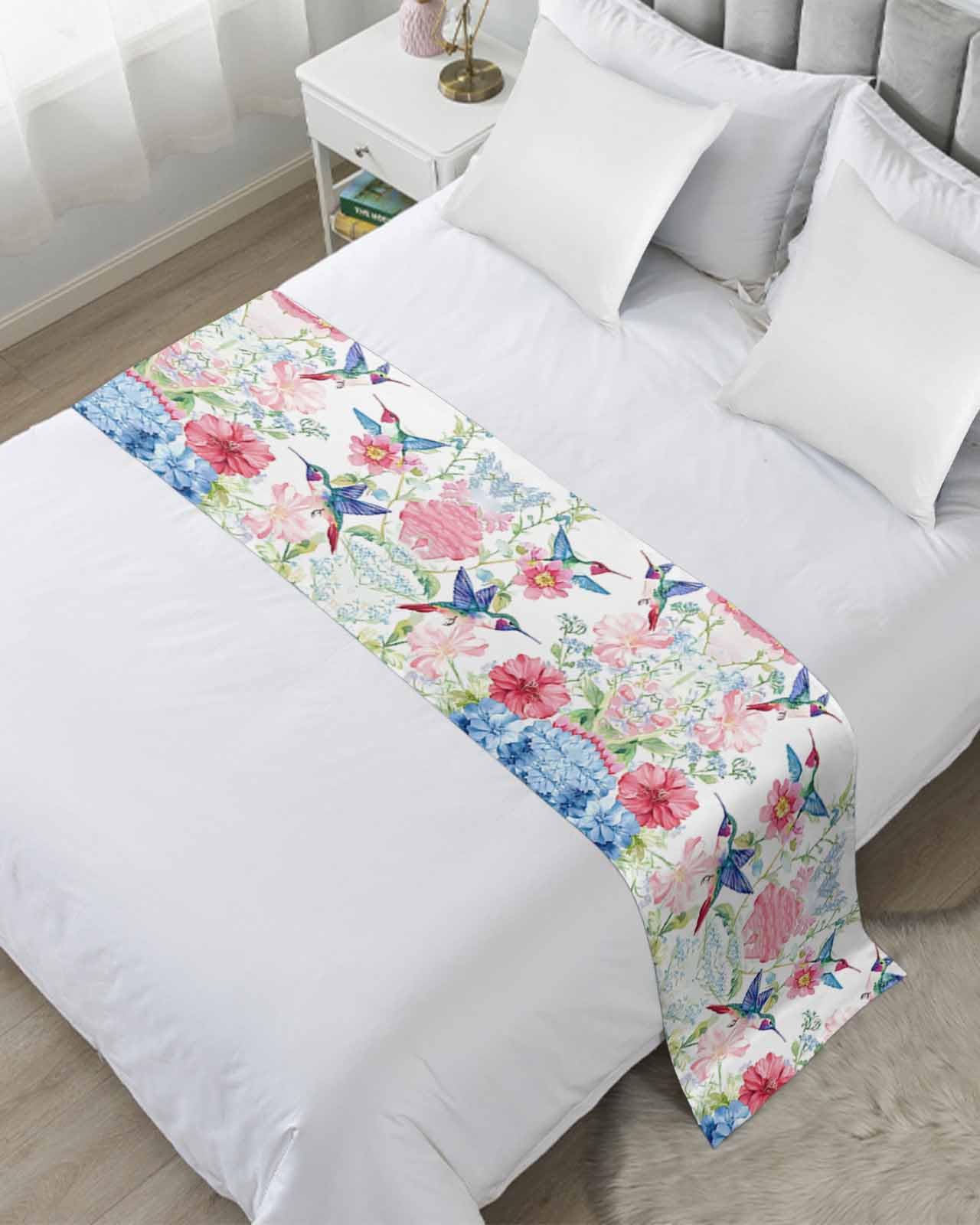 Watercolor Hummingbird Bed Runner for Full/Queen Size, Colorful Pink Blue Flowers Bedspread Protector Slipcover Bed Scarf for Foot Runners & Scarves for Bedroom Hotel Wedding Room 83x20 Inches