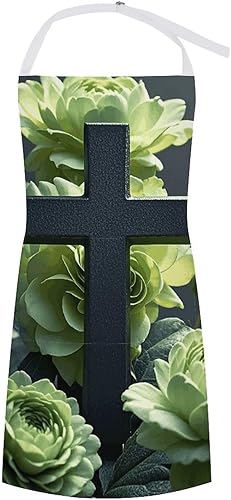 MUSM Apron for Adults - 27.6 X 31.5 Inch, Heavy-Duty Polyester Aprons with Two Large Pockets, Waterproof Black Cross Among Green Flowers Kitchen