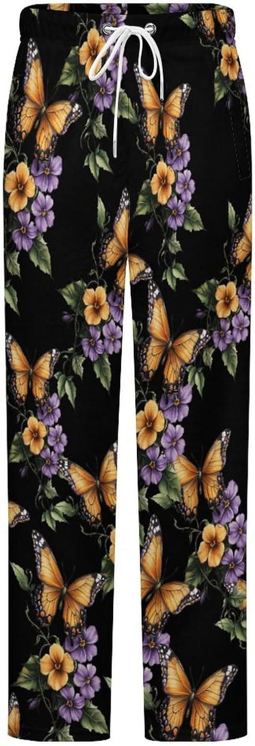Butterflys Pansy Flowers Flannel Pajama Pants Women Soft Fleece Sleep Pj Lounge Bottoms