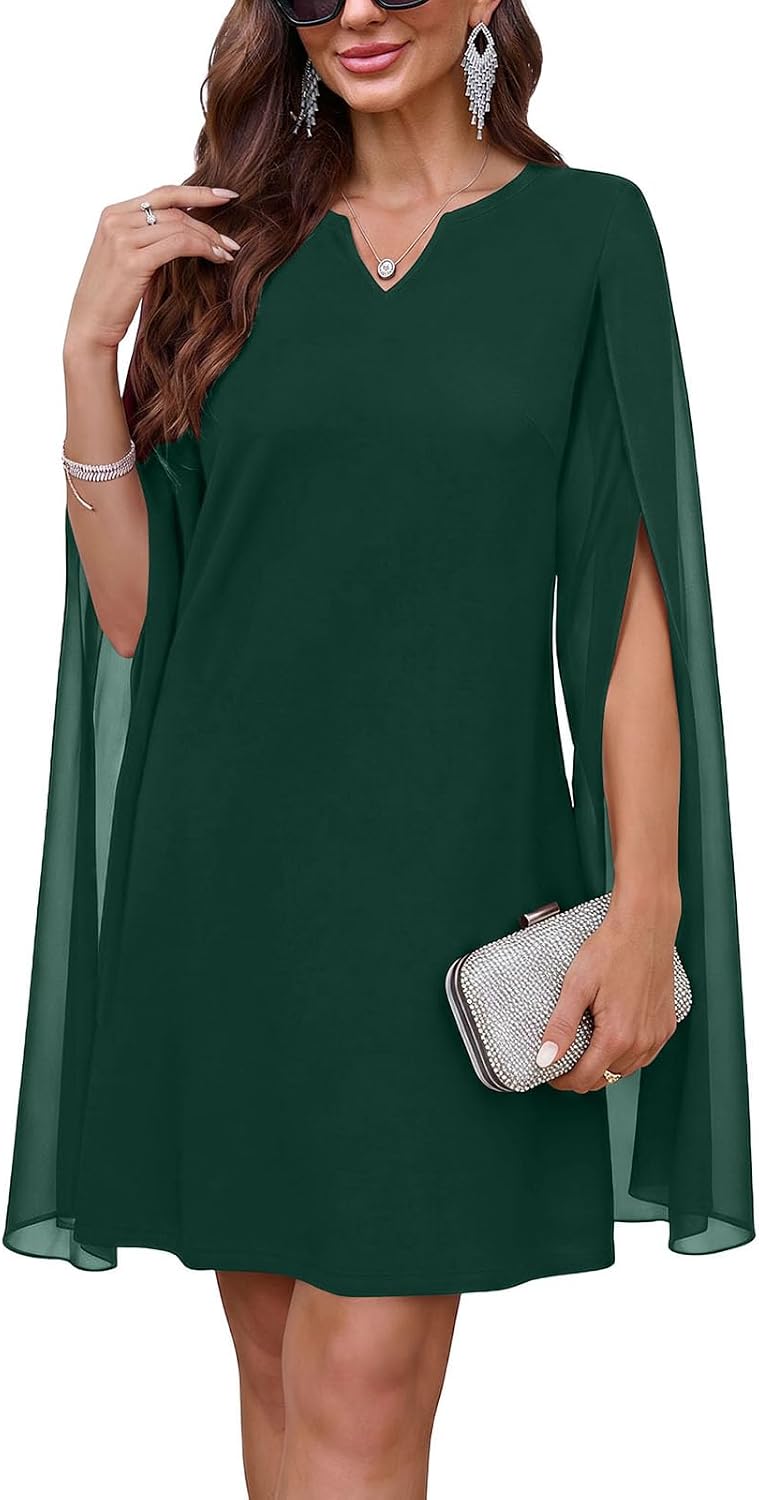 oten Women's Chiffon Cloak Sleeve V Neck Cocktail Formal Wedding Guest Party Short Dresses