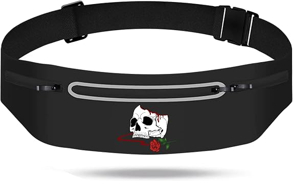 Horror Skull Rose Slim Running Belts Fashion Reaper Grim Fanny Packs for Women,Adjustable Black Fitness Belt with Zipper Pockets,Waterproof Reflective Running Belt for Men Marathon Jogging Gear Gift