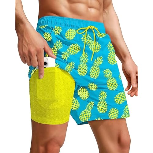 7 Inch Men Swim Trunks with Compression Breathable Liner Quick Dry Zipper Pockets for Pool Board Beach Cruise Small Aqua Navy Turtle