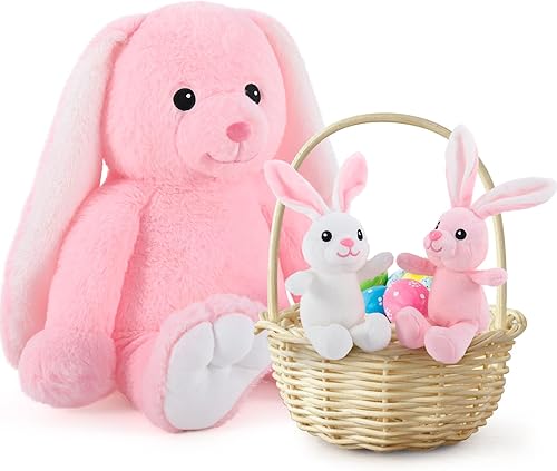Miniatura 6 de MaoGoLan Juego de peluche de conejo de 20 pulgadas, peluche de conejo rosa de Pascua con 2 juguetes de conejo bebé en el interior, juguete de