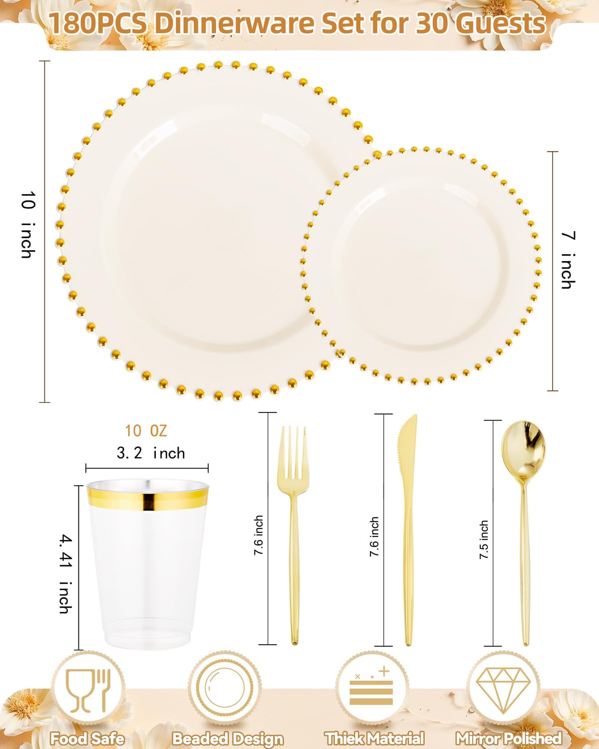 supernal 180pcs Ivory and Gold Dinnerware Set,Elegant Heavy Duty Ivory Plastic Plates with Gold Beads,Disposable Plates with Plastic Silverware and 10oz Cups for Wedding/Party/Valentine's Day