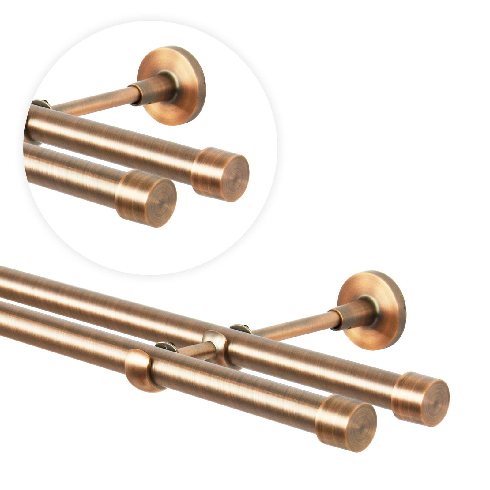 Tringle à rideau cuivre antique, 240 cm, 2 voies, 19 mm, métal, fixation murale, Embout droit