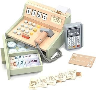 UMU® Kinder Kasse aus Holz - inkl. Scanner, Zahlungsterminal, Spielgeld usw., Kaufladen Zubehör für Rollenspiele, Spielkasse für Kinder ab 3 4 5 6 Jahren