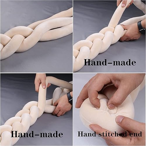 Miniatura 4 de Cojín trenzado hecho a mano de 3 hebras, suave y anudado, cómodo cojín decorativo de riel largo para dormitorio (rosa blanco y azul, 78.7 pulgadas)