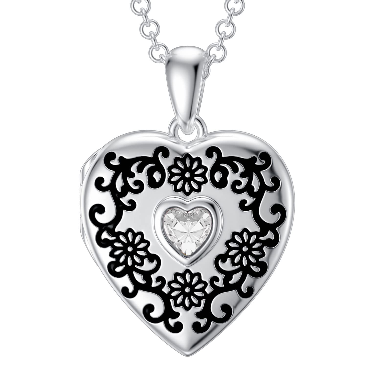 SOULMEET Personalized White Gold/Silver Sunflower Birthstone Locket Necklace That Holds 1 Picture Photo Heart Locket with Cubic Zirconia Heart Birthstone Crystal