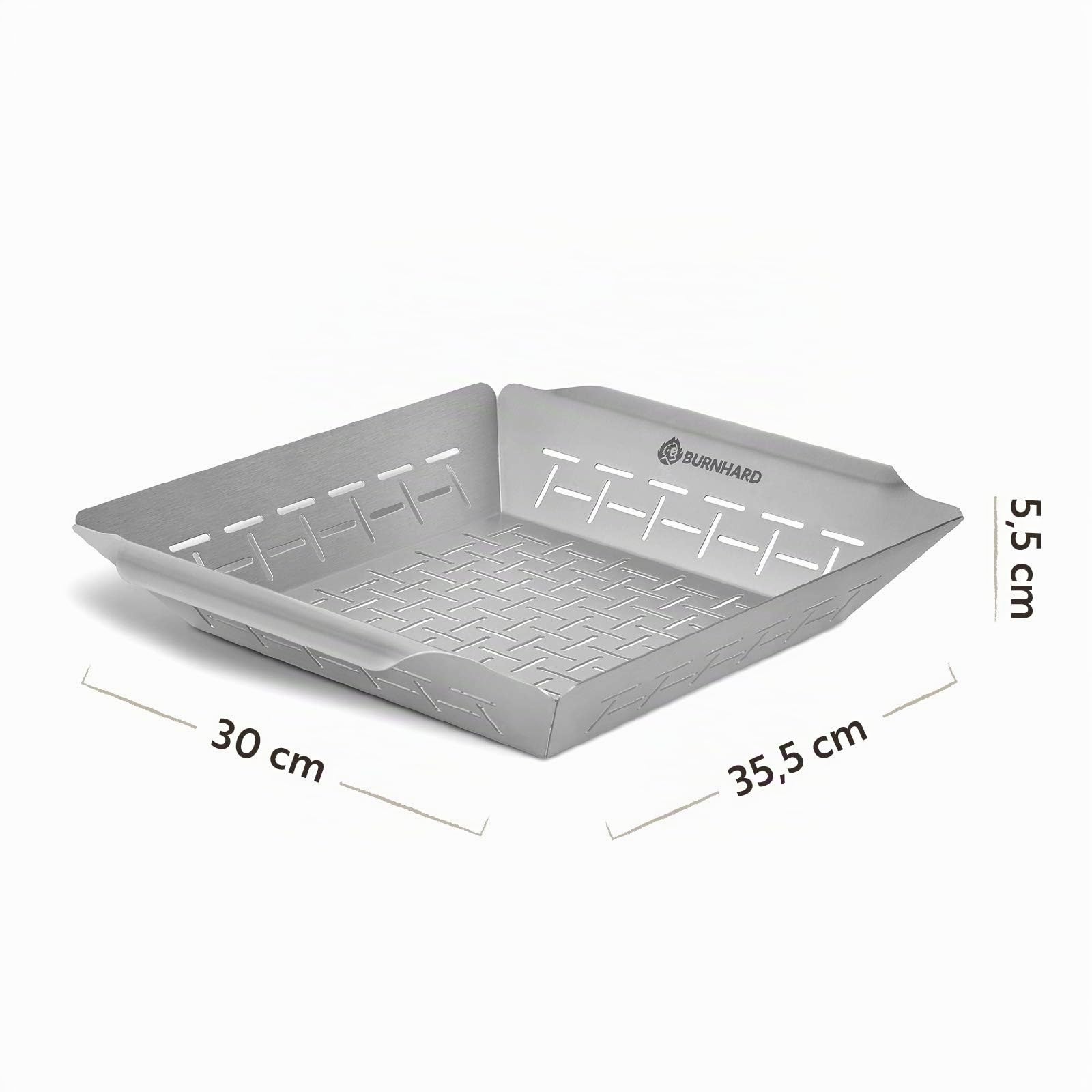 BURNHARD Grillkorb 35,5 x 30 x 5,5 cm aus Edelstahl für Gemüse, Fleisch und Fisch, Gemüsekorb für Gas-, Elektro- und Holzkohlegrill, spülmaschinenfest, rostfrei