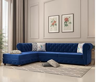 IDEAL HANDICRAFTS Solid Wood Velvet Fabric L Shape Sofa for Living Room Button Tufted Sofa Chair for Home & Office (Left Aligned L-Shaped Blue)