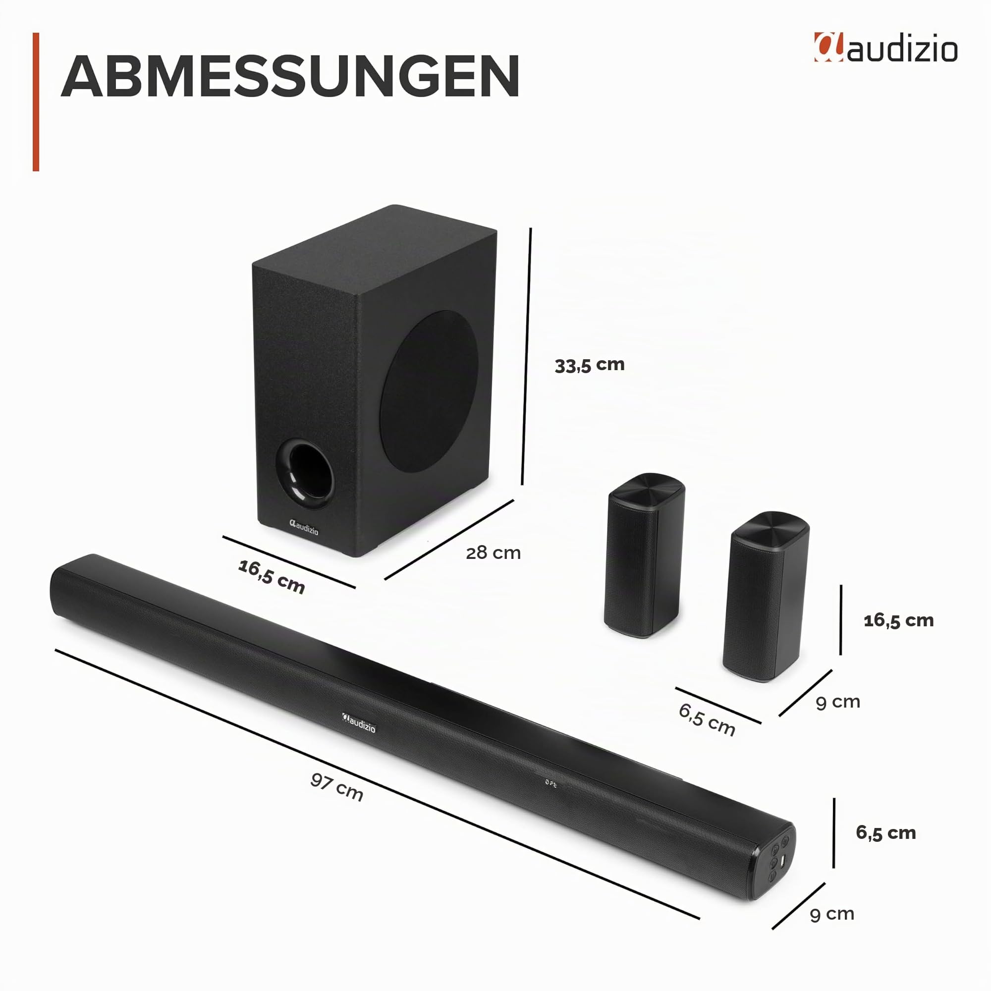 Audizio SB100 5.1 Soundsystem - TV Soundbar mit Subwoofer, 180 Watt, Bluetooth 5.3, Heimkino Soundsystem mit 2 Surround Lautsprecher, HDMI ARC, Optisch, 97cm Soundbar für TV Geräte, Fernbedienung