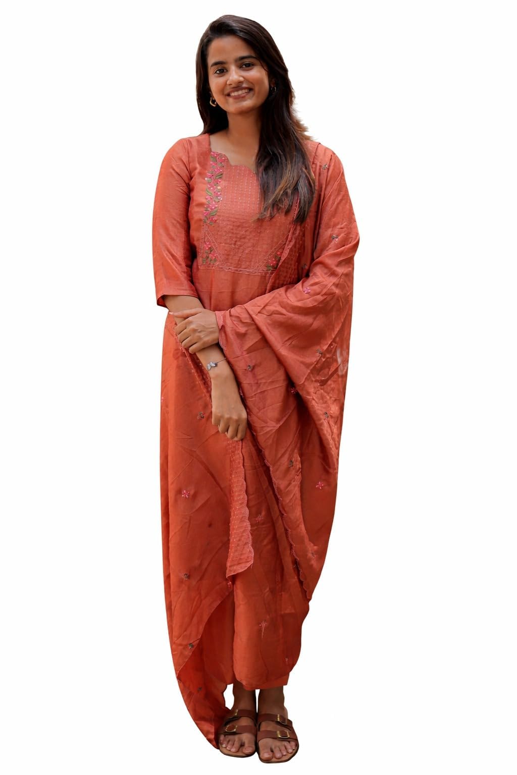 abhilasha Women Chanderi Cotton round neck with embroidery 3/4 with embroidered cuffs Sleeve kurti Chanderi Cotton pant with dupatta set for women-picture-46