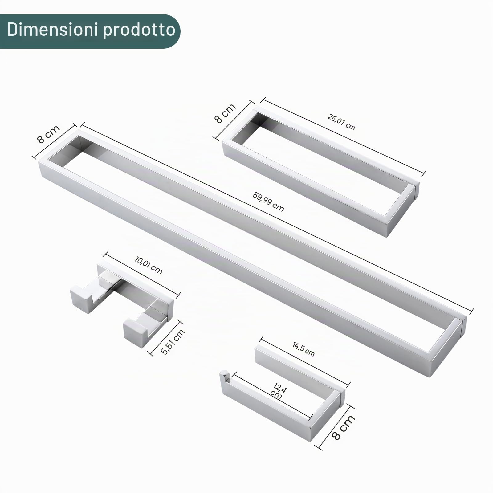 Set di 4 pezzi di accessori per il bagno, set di barre portasciugamani cromate, set di accessori per il bagno in acciaio inox a parete, 60 cm
