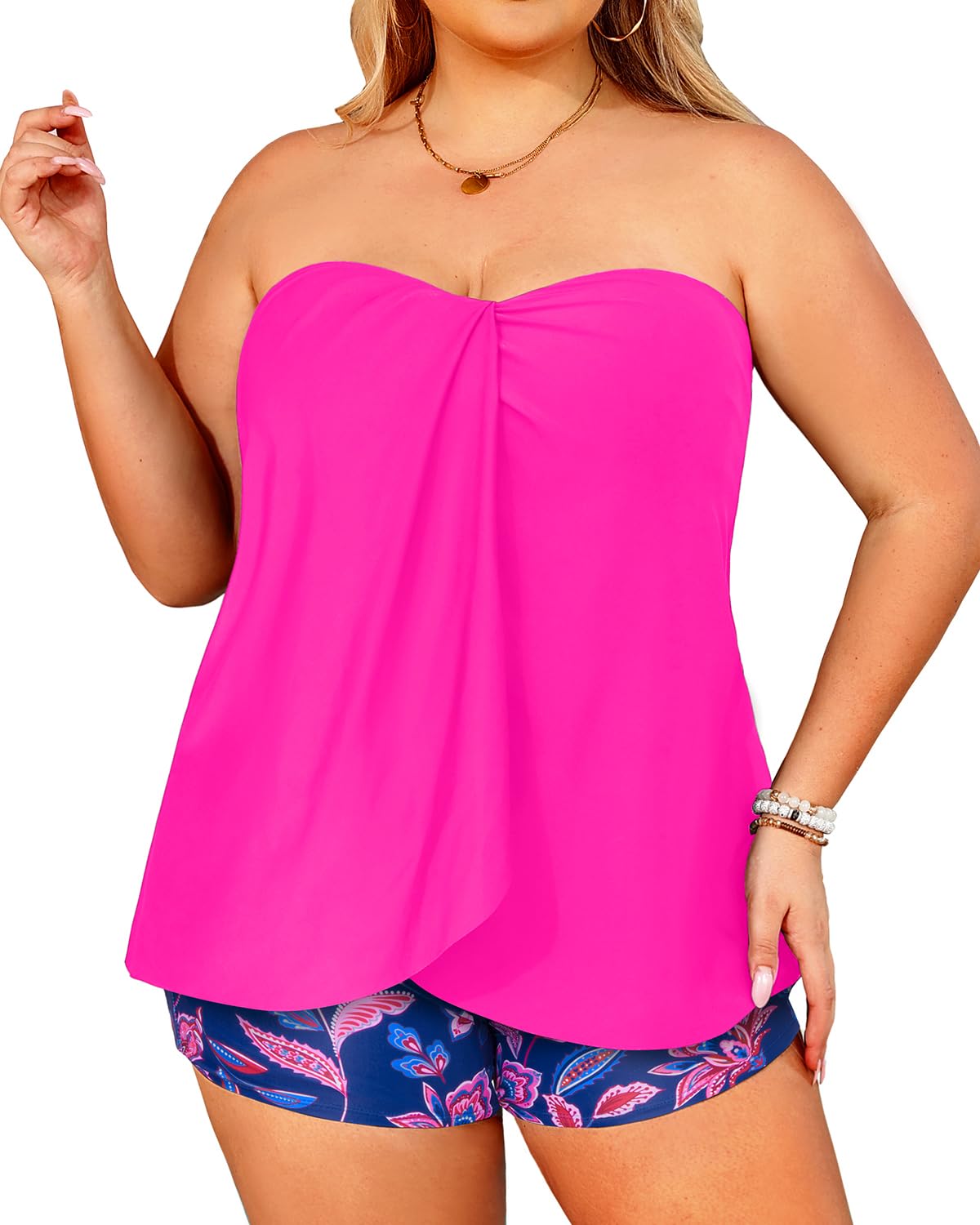Plus Size Bandeau Tankini 2 Piece Halter Swimsuit with Shorts