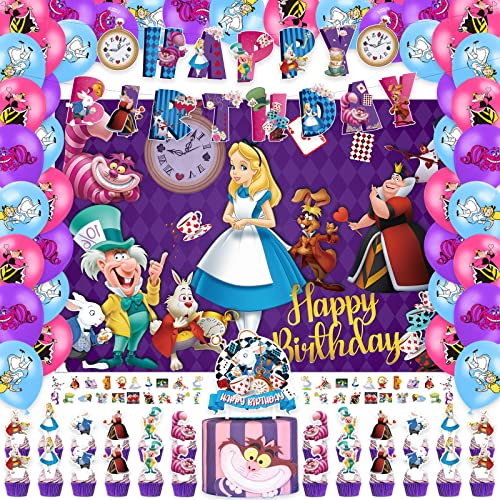 Alice In Wonderland Party Decorations Birthday Party Supplies Includes Happy Birthday Banner, Cake Topper,Cupcake Topper,Backdrop,Sticker, Latex Balloons For Boys Girls Birthday Party Gift. #TOP1