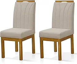 Conjunto 2 Cadeiras Para Mesa De Jantar Linho Esfodada Pés Em Madeira (Bege)