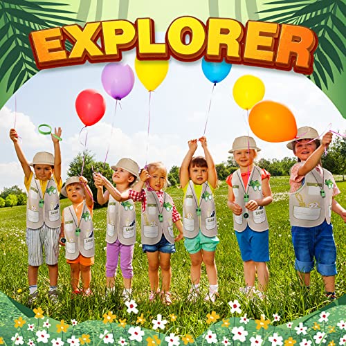 48 Pieces Kids Explorer Costume Toy Set Include Plastic Explorer Hats Jungle Party Safari Vest Tote Bag,Compass, Whistle, Magnifying Glass For Outdoor Activities Jungle Halloween Party Supplies #TOP4