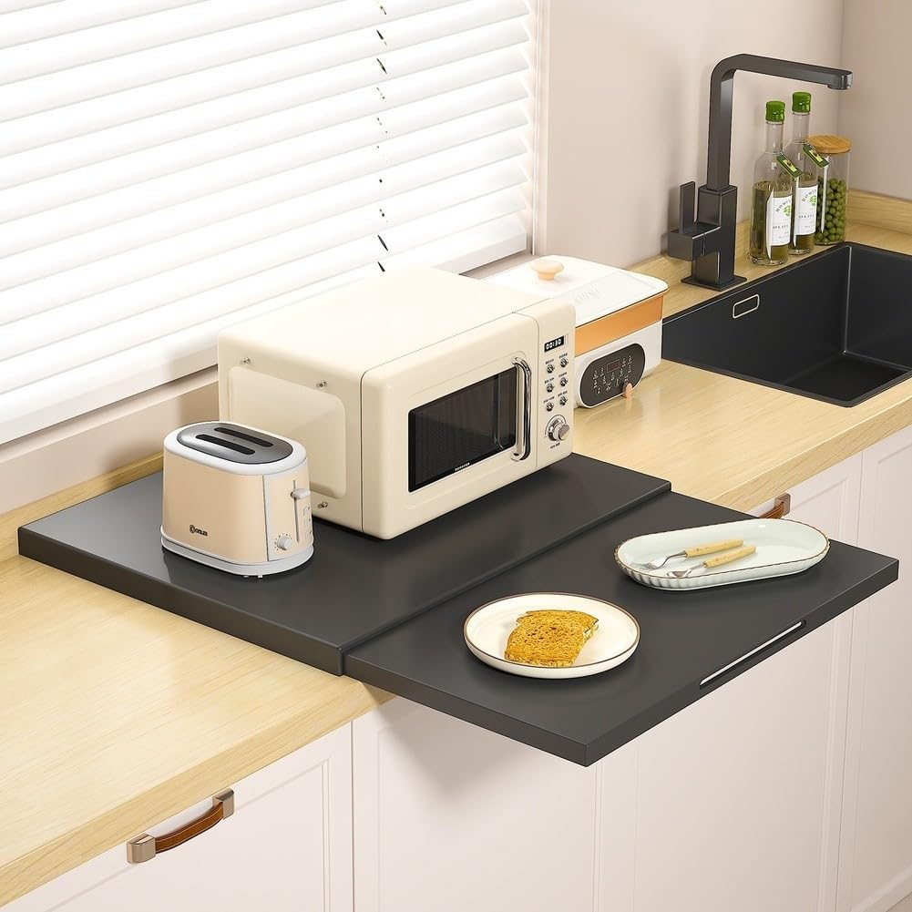 Scaffale regolabile estraibile per forno, mensola da cucina estensibile da 39-65 cm, robusta in lega di ferro, organizer per microonde e caffettiera, vassoio salvaspazio scorrevole, nero