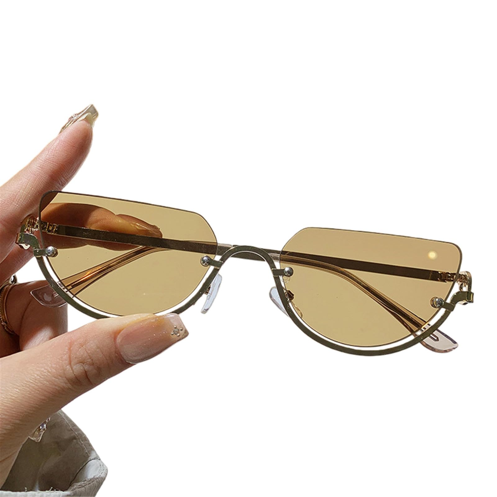 Gyios sunglasses Trendy Unique Semi-rimless Half Circle Rimless Women Men Luxury Metal Shades Glasses Eyewear- Gold Frame Light Brown Lens