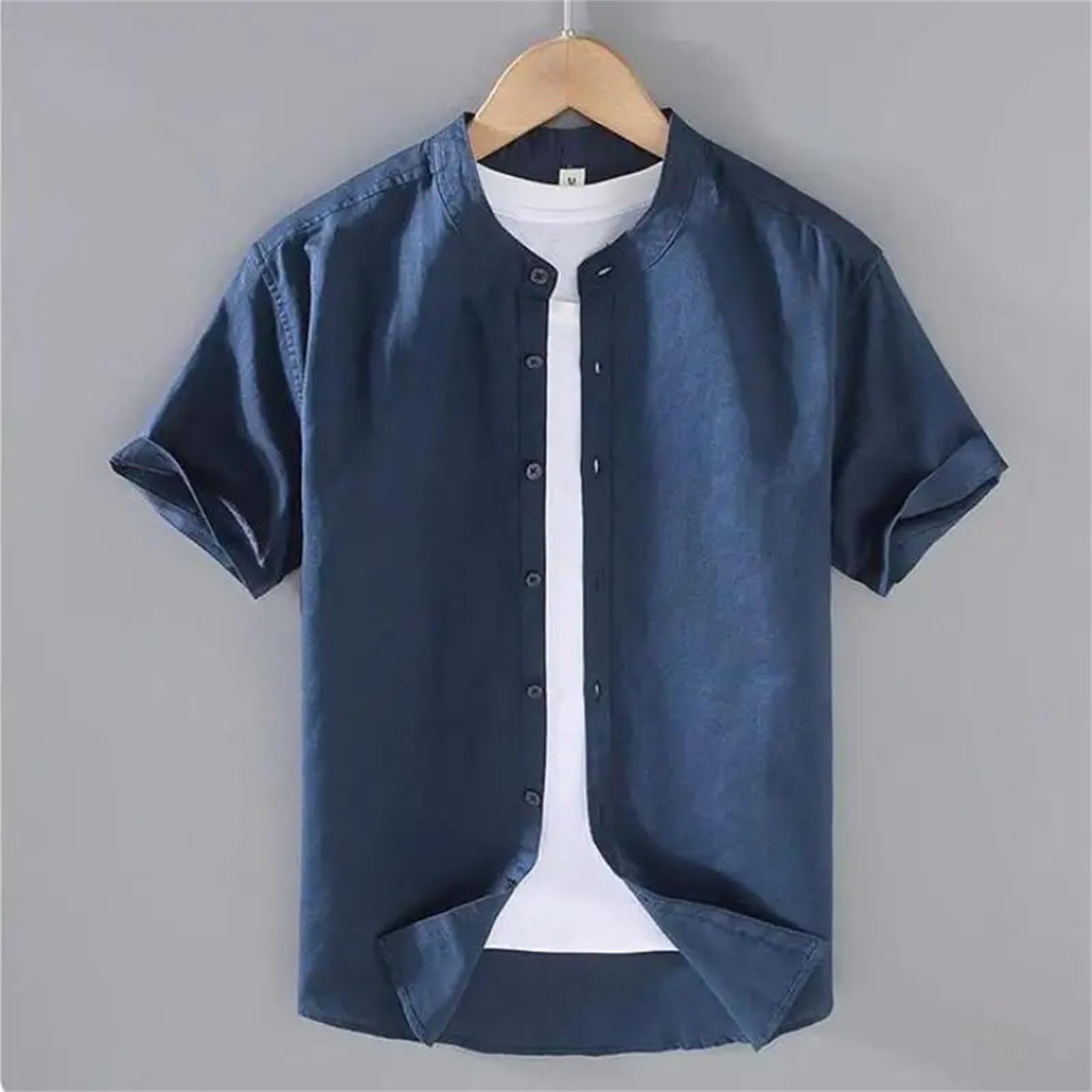 Camicie a maniche corte in lino di cotone per gli uomini casual moda gialla girare giù collare top