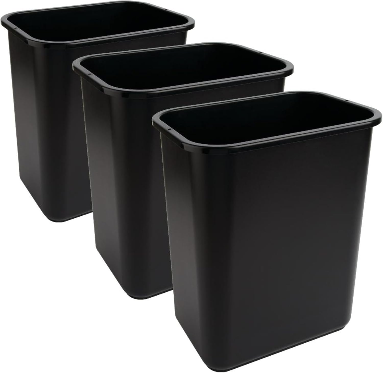 Highmark™ Rectangular Plastic Wastebasket, 6.5 Gallons, 15"H x 10"W x 14-1/4"D, Black, Pack Of 3