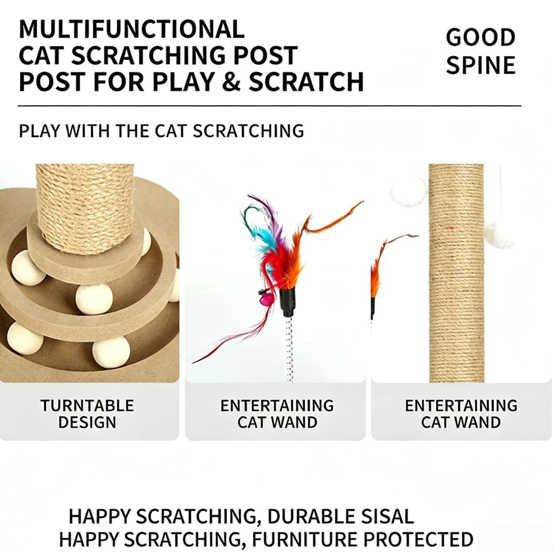 Rascador para Gatos de Sisal Natural, Juguete Interactivo 4 en 1 para Gatitos con Circuito de Bolas y Varita de Plumas, Árbol Rascador de Madera Estable para Pisos y Espacios (46CM,MDF Version)