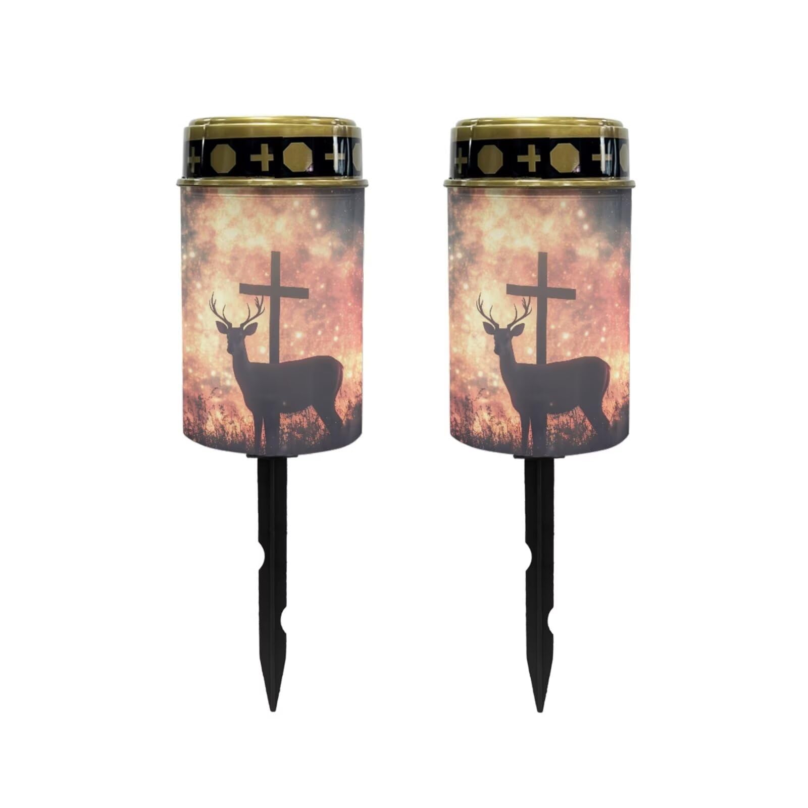 Poceacles 2 Pieces Cross Outdoor Solar Lights Solar Garden Lights Cemetery Solar Lights Water Resistant Pillar Candle Solar Garden Stake Lights for Cemetery Grave Decorations, Deer Cross Galaxy Red