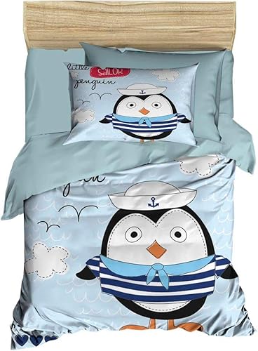 OZINCI Juego de ropa de cama de 100 % algodón con temática de marinero de pingüino, ropa de cama de bebé, ropa de cama de cuna para bebés niños y