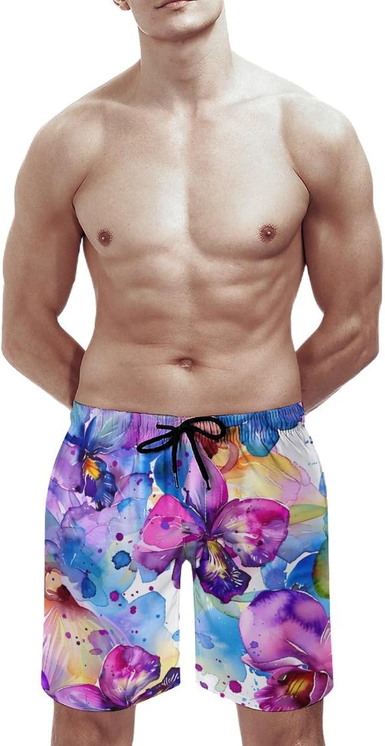 Watercolor Orchid Floral Casual Men's Swim Trunks Novelty Summer Beach Shorts Swimwear with Pocket