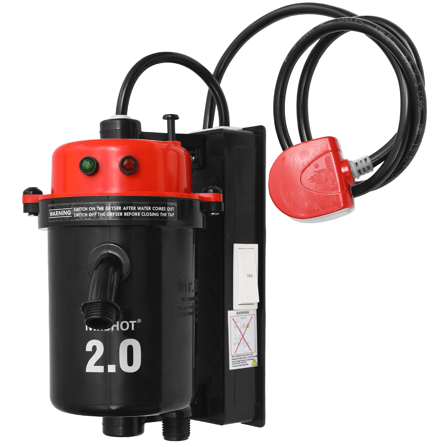 Mr.SHOT® 2.0 JOGGER India's first Dual Thermostat, Moulded Outlet Pipe, Threaded Inlet and Outlet, Service Friendly, Dual Color and Fitted with ISI Heating Element and ON/OFF SWITCH - Red