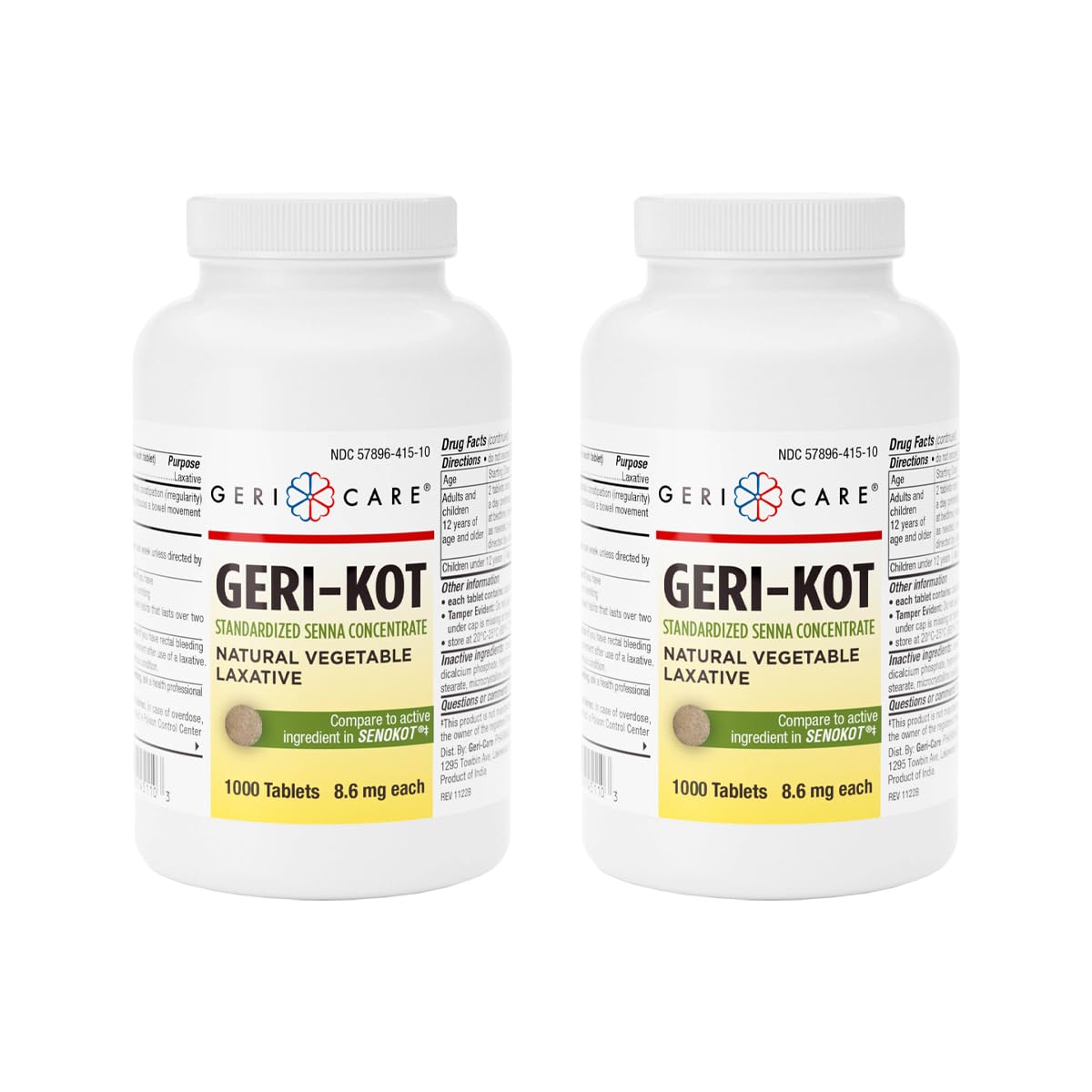 Geri-KOT Senna Laxative &amp; Stool Softener Tablets, 1000ct| Natural Vegetable Stimulant Laxative| Smooth Bowel Movement Senna Tablets| Fast-Acting, Gentle Constipation Relief| 8.6mg Sennosides (2pk)