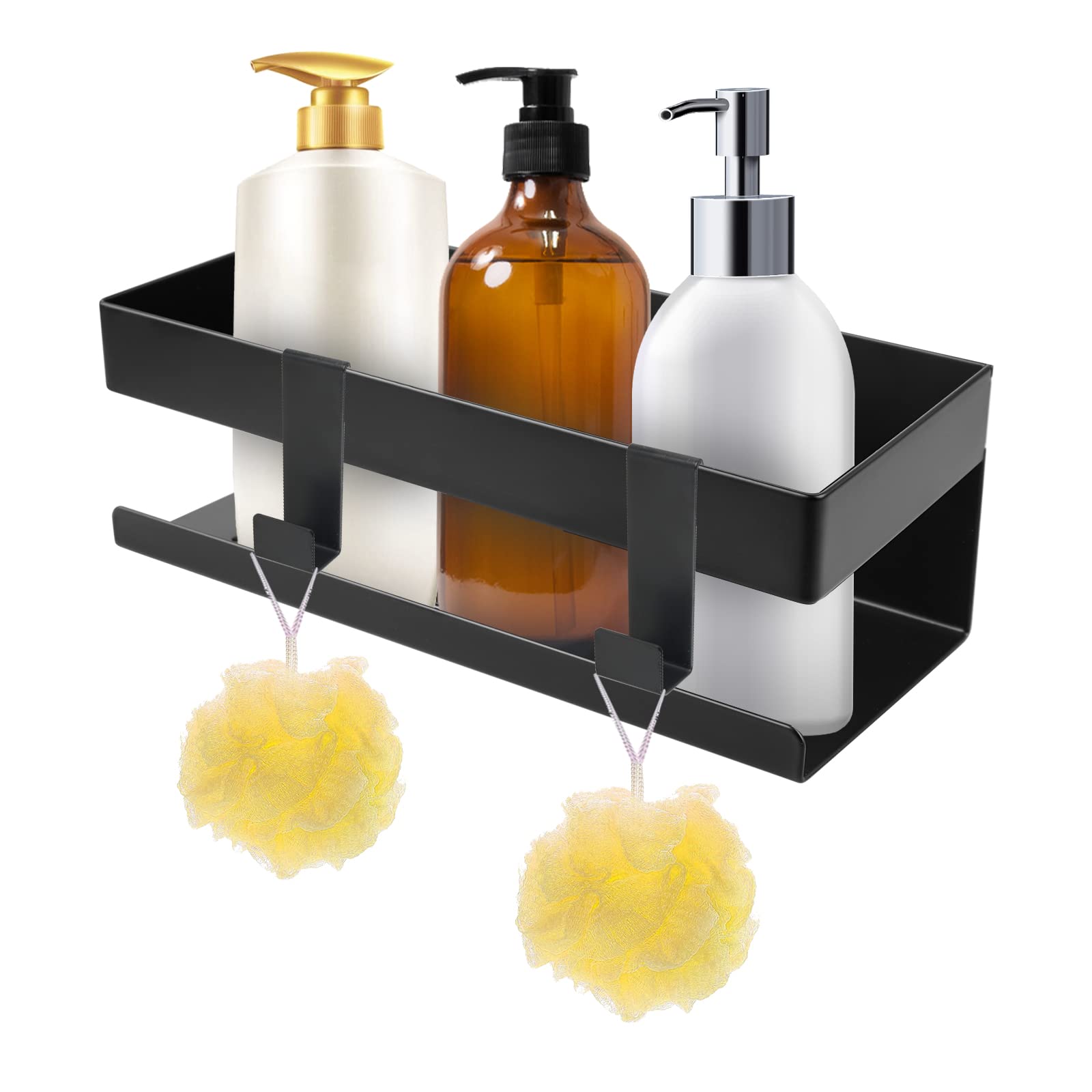 UUlioyer SUS304 Roestvrijstalen Doucherek Zonder Boren, Adhesive Wandmontage Badkamer Doucheplank, Bathroom Organizer voor Badkamer & Keuken Opslag (Zwart- 2 pakjes