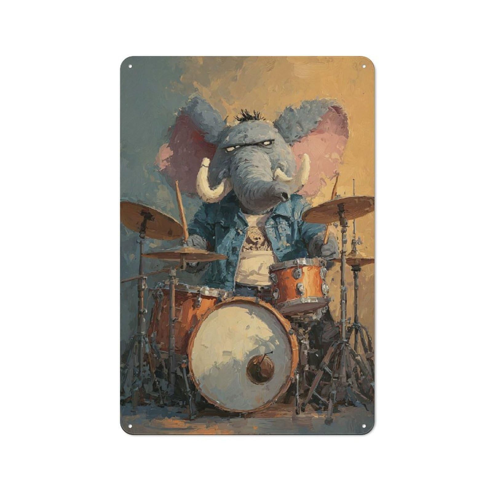Junmoney Style-1 Metal Plaque With Elephant Drummer With Attitude Design 30X20cm, Country Style Cafe Wall Decor For Bakery, Diner, Cafe Or Family Room