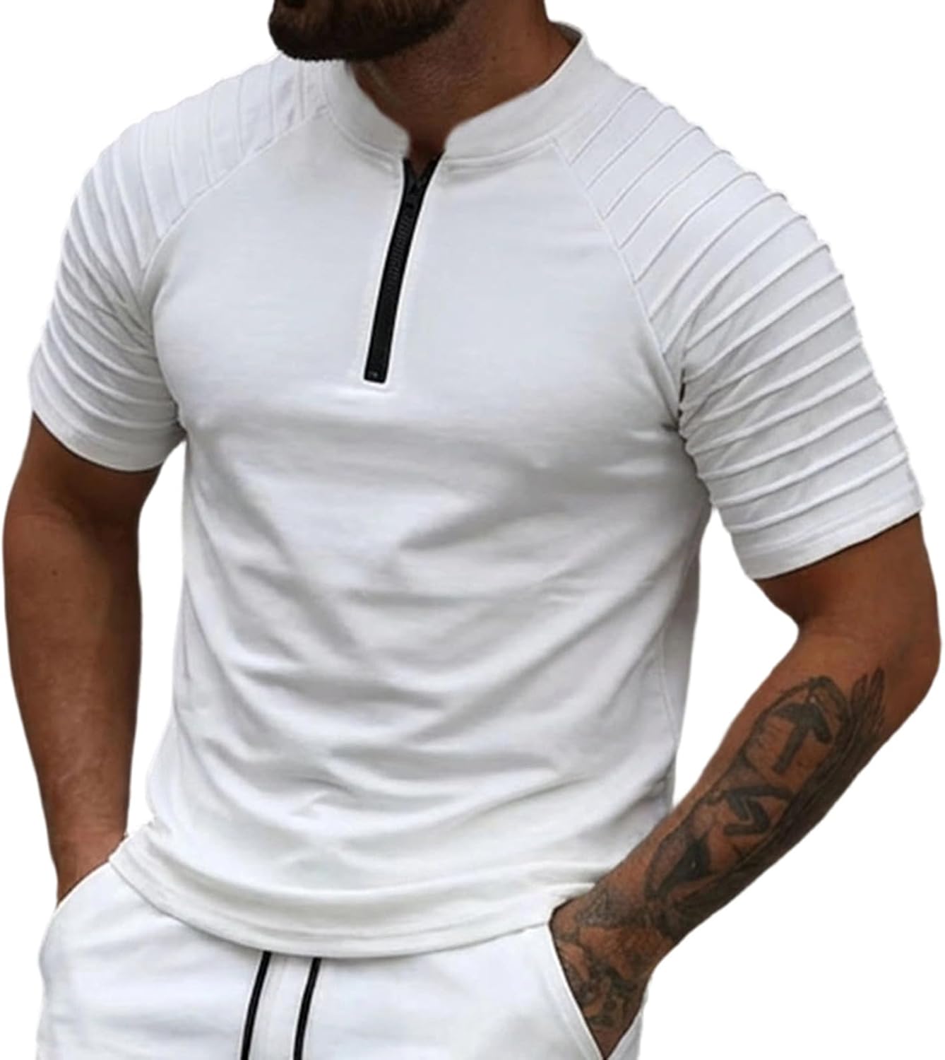 Cambkatl Men's Summer 2 Piece Outfits, Half Zip Stand Collar Muscle Shirts & Pleated Cargo Shorts Tracksuit Sets with Pockets