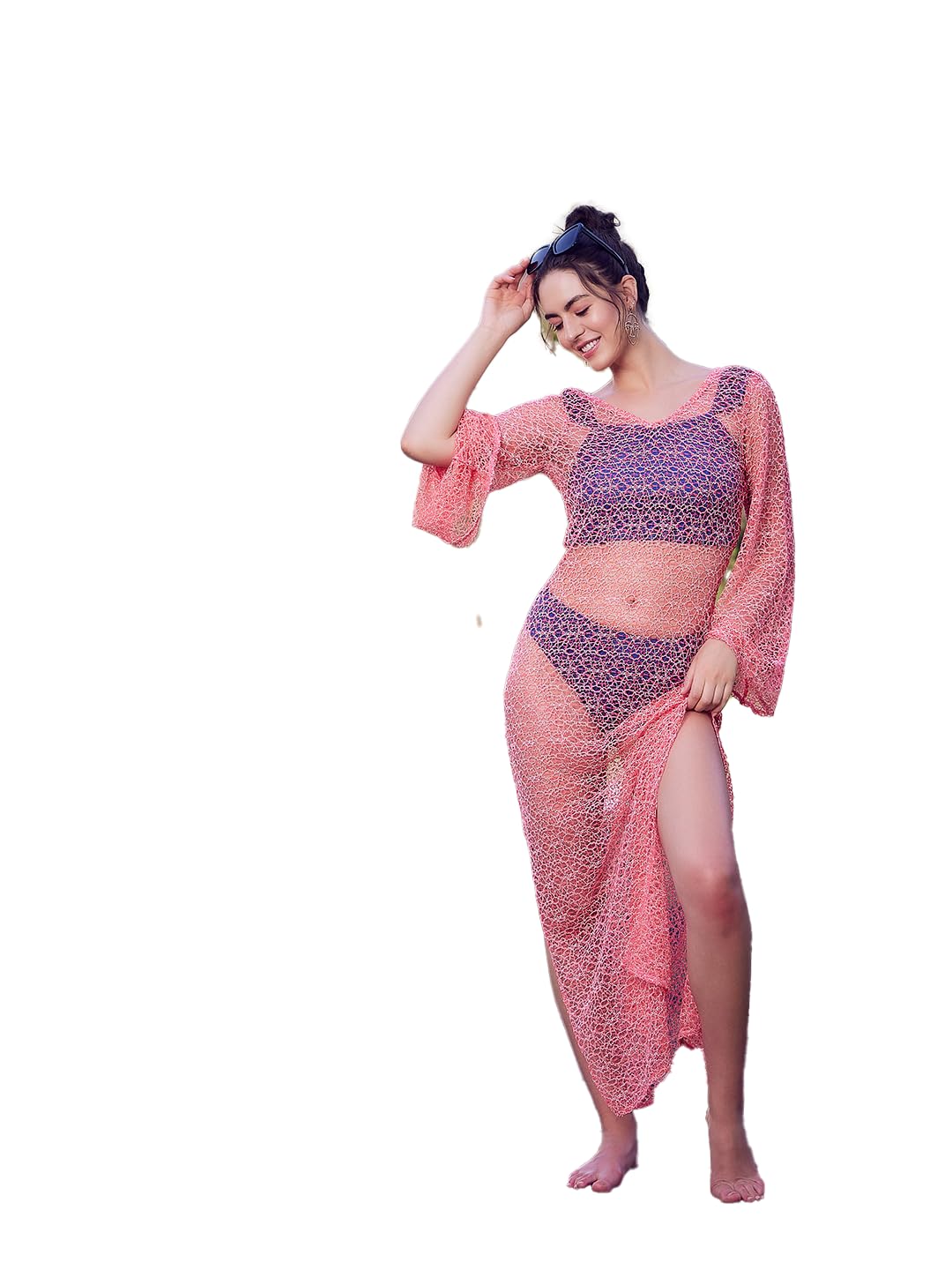 Peach White Lace Cover up-image-17