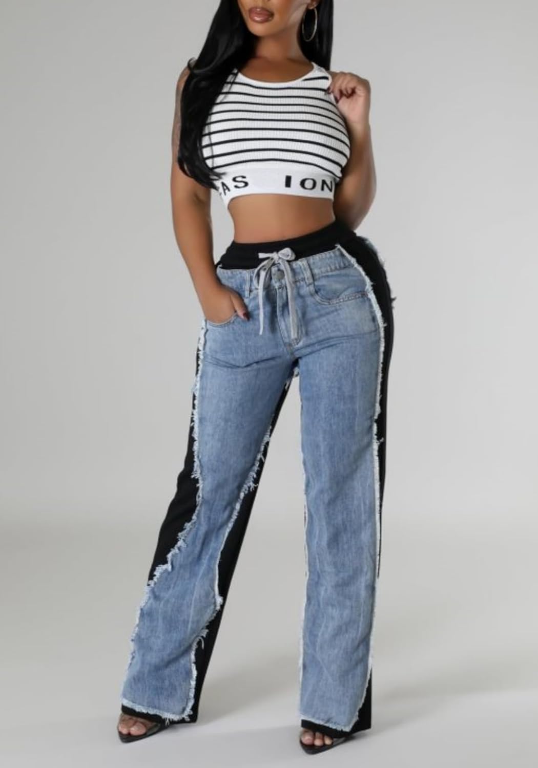 Unybwonn Baggy Patchwork Jeans Color Block Low Waisted Streetwear Ripped Trousers Straight Wide Leg Trendy Cargo Pants