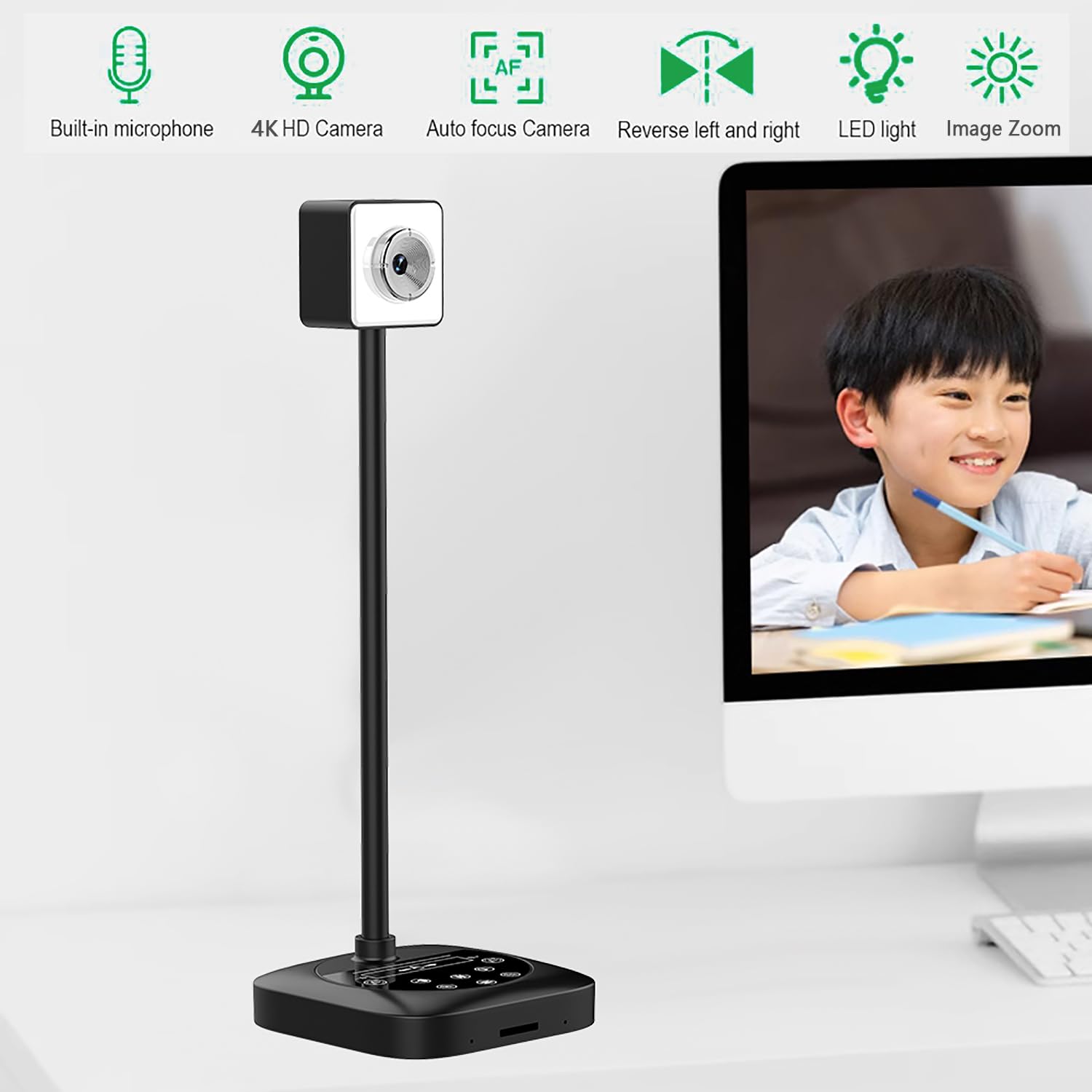 Visualiseur 4K pour l'enseignement, caméra de documents USB, visionneuse de PC pour salle de classe avec lumière LED, mise au point automatique, inversement d'image, pliage, pour la