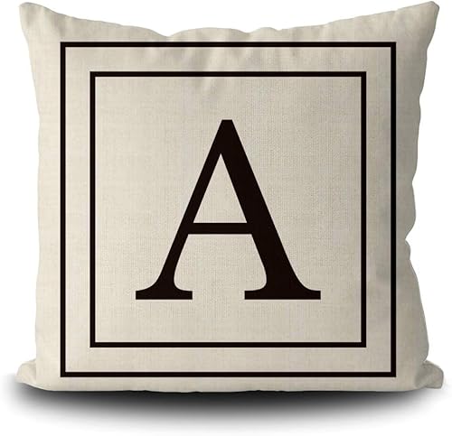 Funda de almohada de arpillera con monograma de letra negra A y rayas del alfabeto inglés, funda de cojín cuadrada decorativa de lino para cama,
