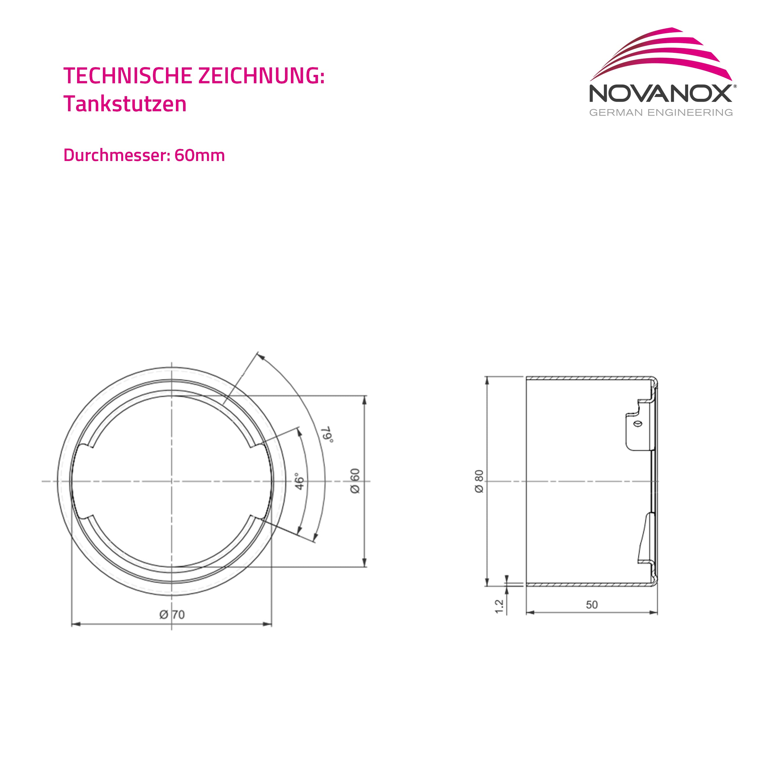 NovaNox German Engineering – króciec do wlewu zbiornika aluminium do spawania króciec wlewu paliwa i spawalniczy akcesoria do samochodów ciężarowych – średnica zewnętrzna 80 mm