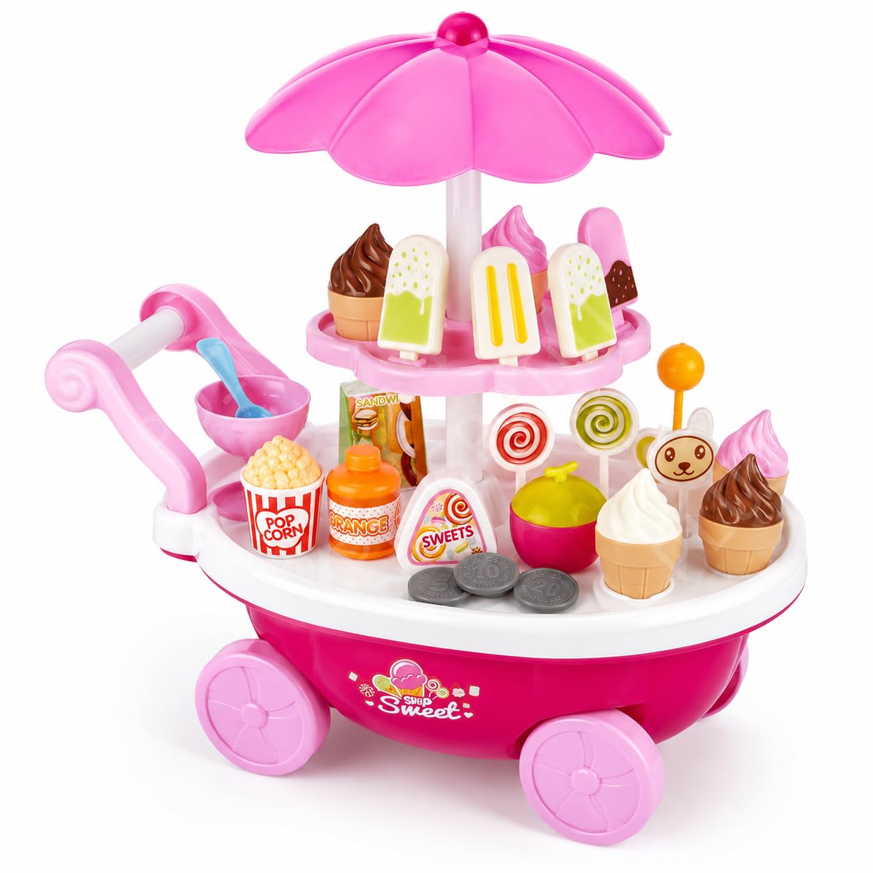 PLUSPOINT Ice Cream Toys Candy Cart Kids Play House Toys with Lollipop Chocolate Large Storage Music Rrotatable Pretend Play Early Educational Toy Gift for Toddler Boys Girls 3+ Years Old-Multi-picture-10