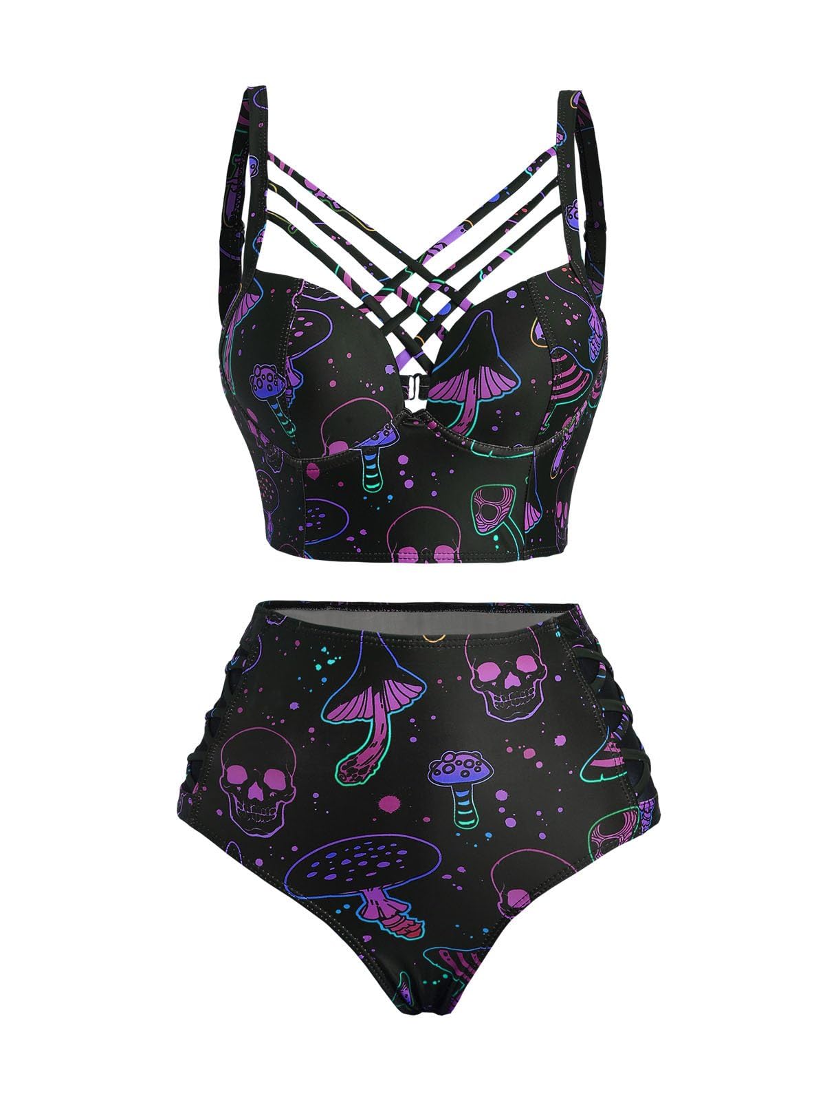 DRESSFO Gothic Galaxy Skull Print Bikini Set Retro Vintage Tummy Control Two Piece Tankini